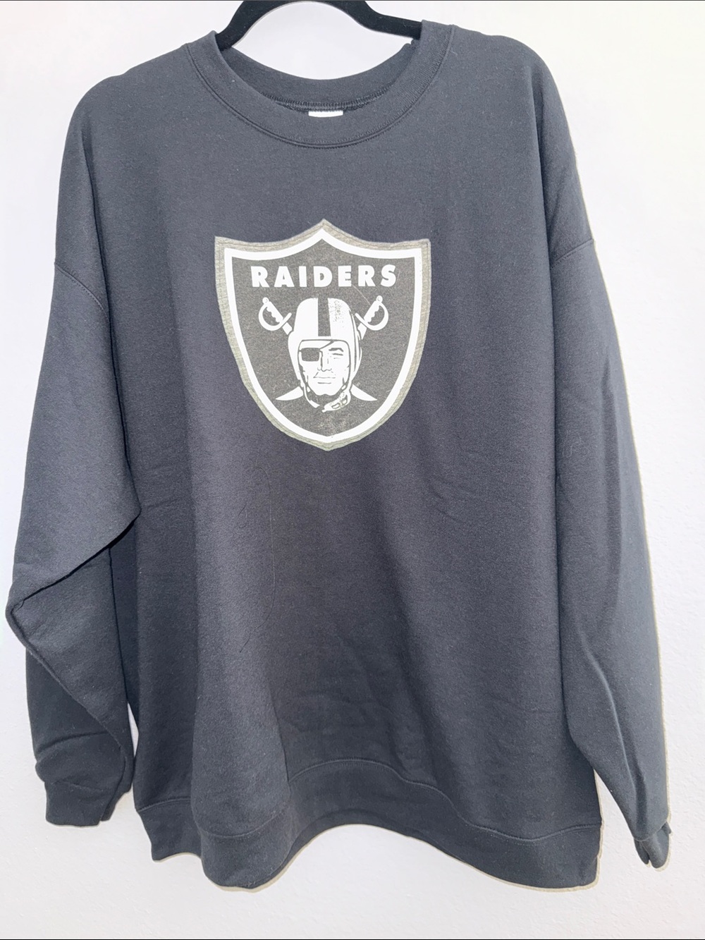 Upcycled Raiders Black Crewneck Sweatshirt with White Shield Logo
